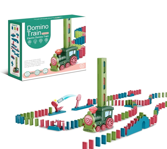 Domino z ciuchcią układającą domino i z przeszkodami