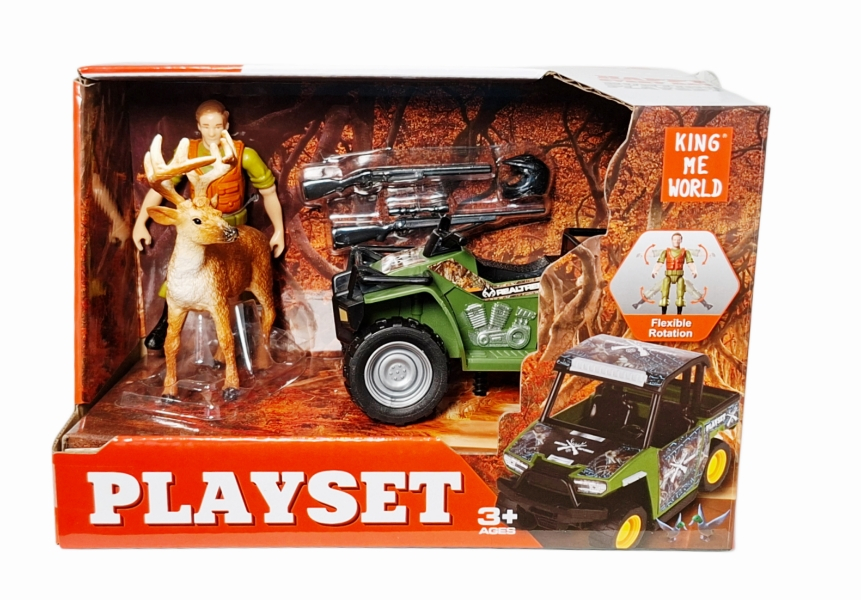 Pojazd quad z myśliwym i jeleniem