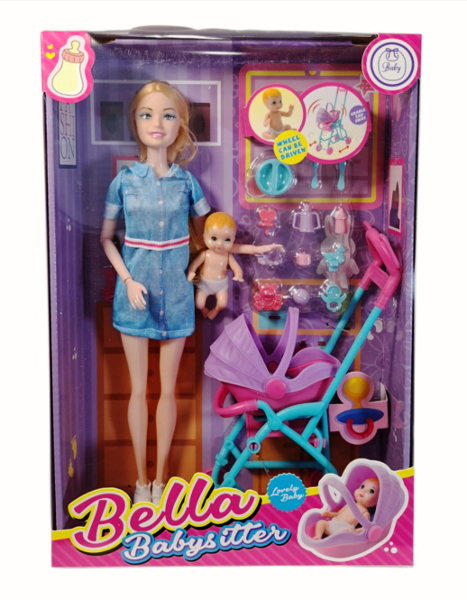 Lalka w ciąży z wózkiem z bujaną gondolą