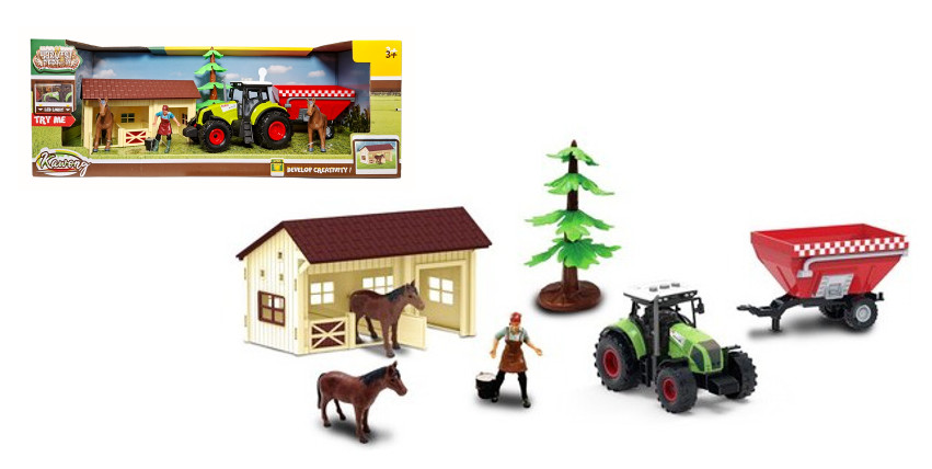 Zestaw rolniczy z traktorem ze światłem i dźwiękiem oraz stajnią