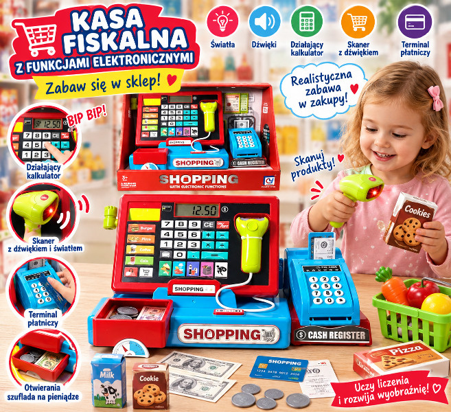 Kasa sklepowa z terminalem do kart płatniczych i funkcja kalkulatora dla dziewczynki