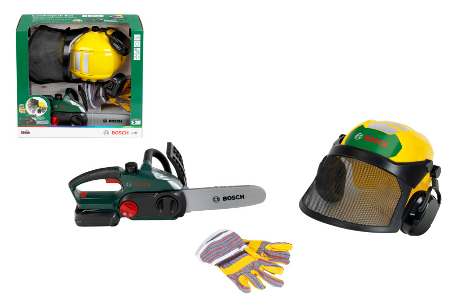 Zestaw drwala z piłą łańcuchową, przyłbicą i rękawicami