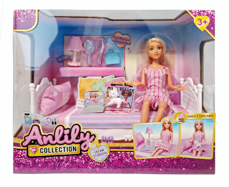 Akcesoria dla lalki łóżko z lalką i akcesoriami