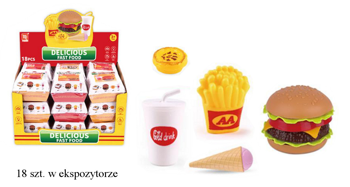 Zestaw kuchenny produkty spożywcze hamburger z lodami frytkami i napojem