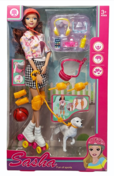 Lalka na wrotkach z psem i akcesoriami