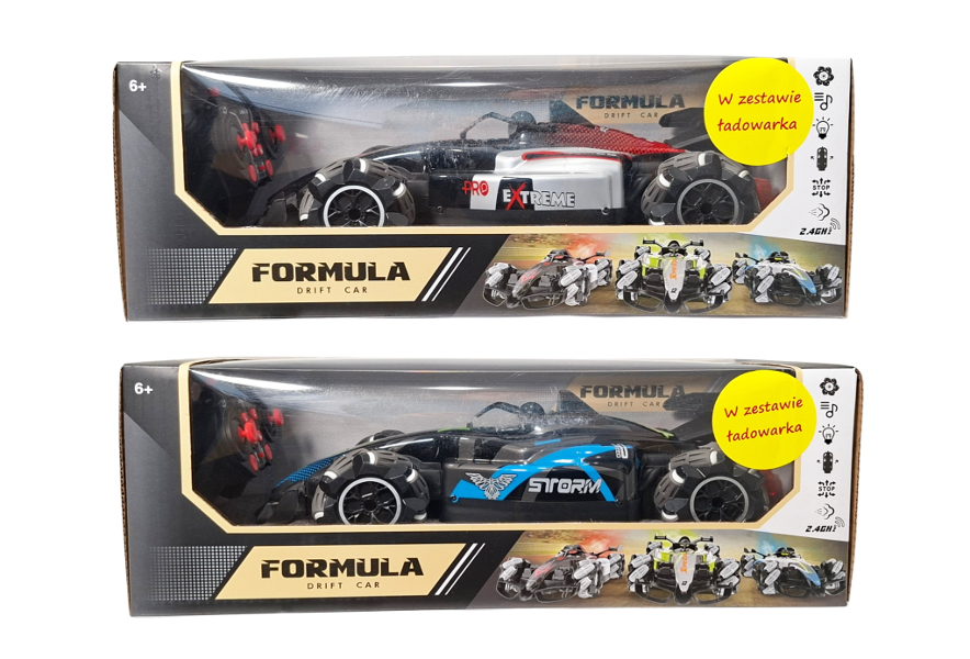 Pojazd auto wyścigówka sterowana pilotem driftuje, jeździ bokiem, puszcza dym z ładowarką