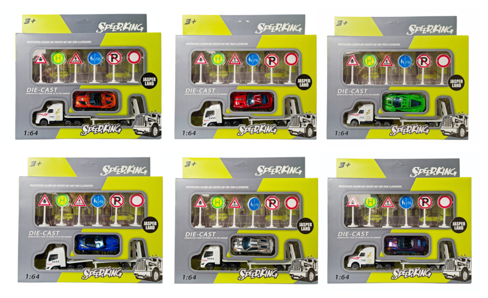 Pojazd zestaw metalowy laweta z autem i znakami drogowymi