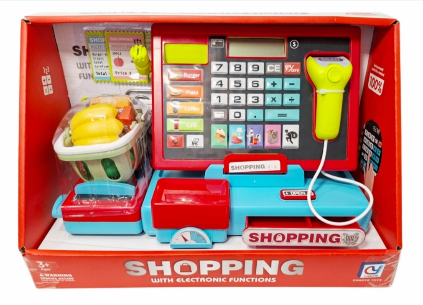 Kasa sklepowa z koszykiem i akcesoriami