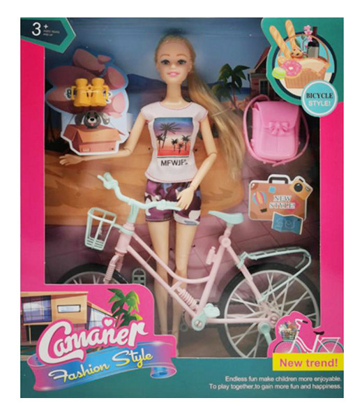 Lalka na rowerze z akcesoriami