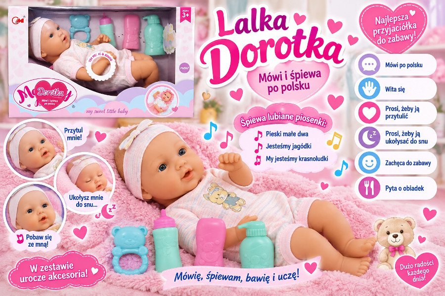 Lalka Dorotka śpiewająca i mówiąca po polsku z akcesoriami dla dziewczynki