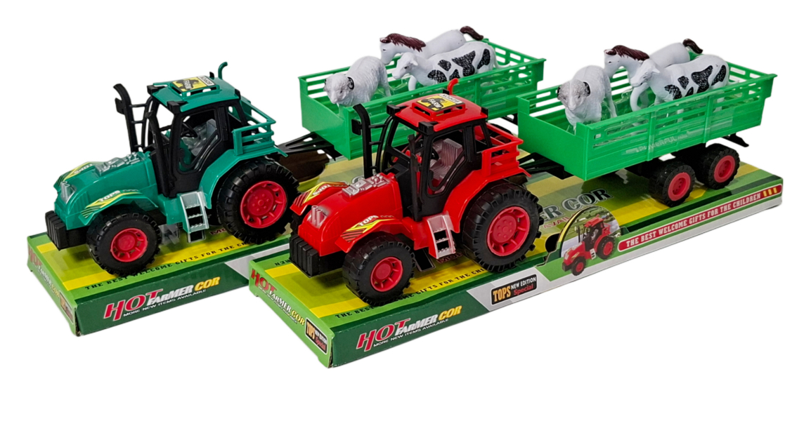 Traktor z przyczepą i zwierzętami gospodarskimi