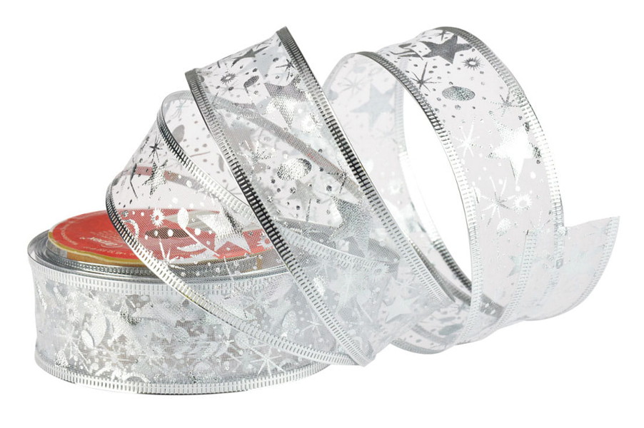 Święta Taśma dekoracyjna na szpuli srebrna
