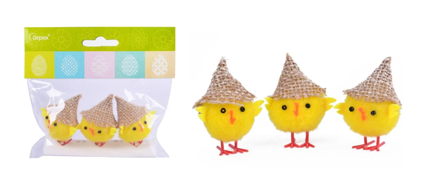 Ozdoba Wielkanocna kurczaczek w kapeluszu 3 szt