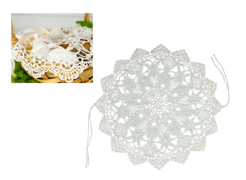 Ozdobna ażurowa serwetka z tasiemkami do koszyczka Wielkanocnego 38cm
