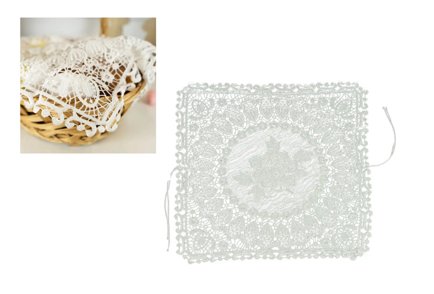 Ozdobna ażurowa serwetka z tasiemkami do koszyczka Wielkanocnego 35x35cm